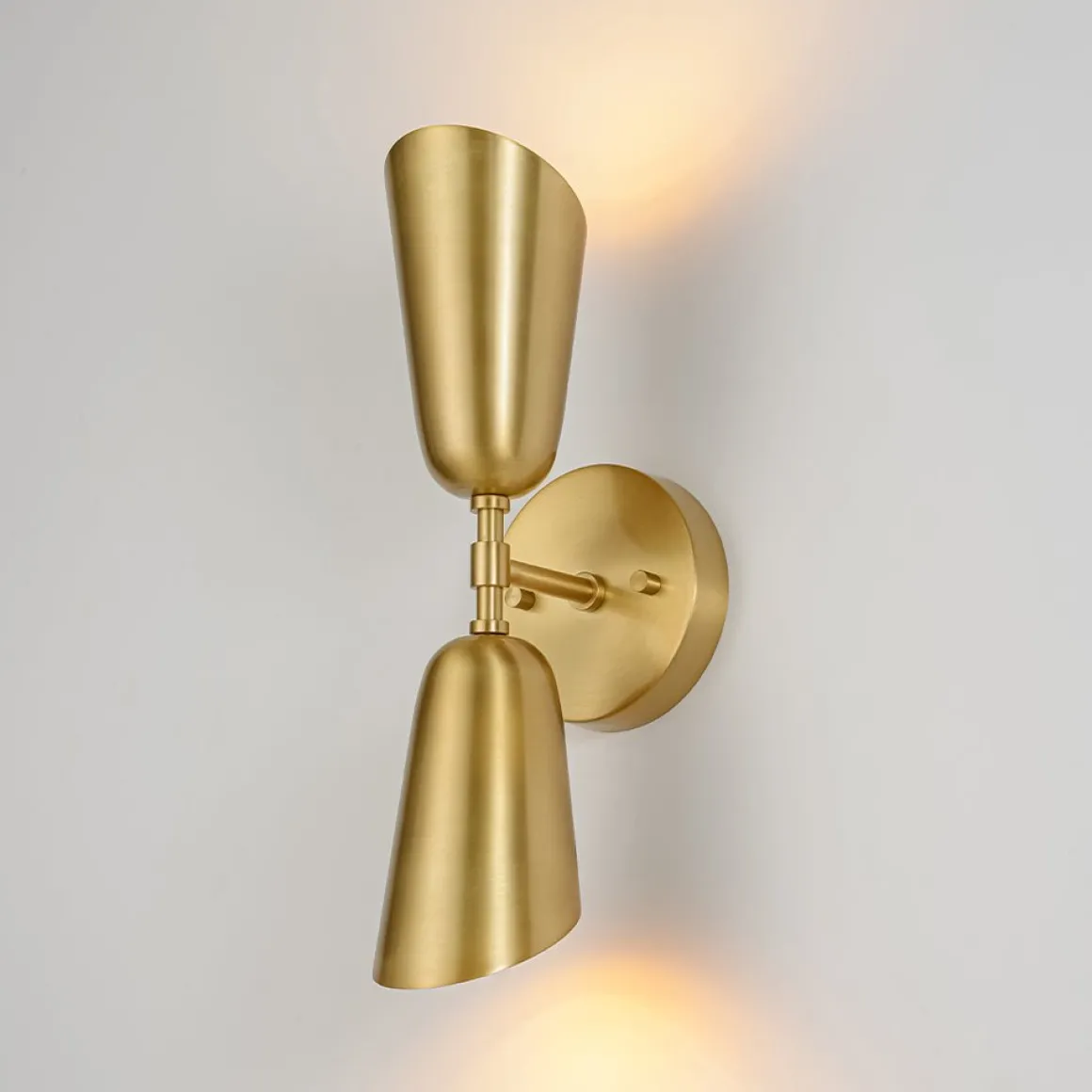 Mid-Century Brushed Brass 2-Light Up Down Dual Cone Wall Lamp