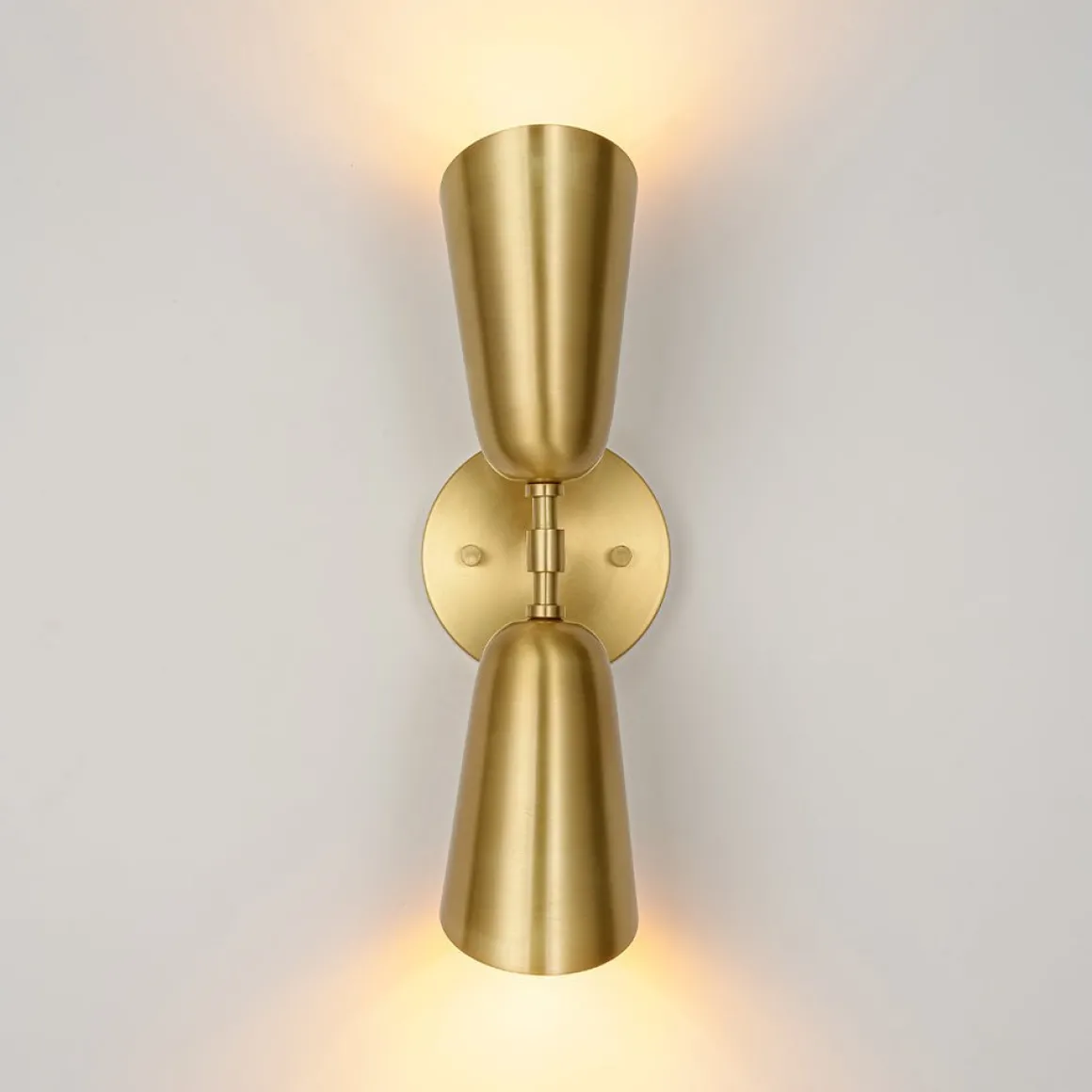Mid-Century Brushed Brass 2-Light Up Down Dual Cone Wall Lamp