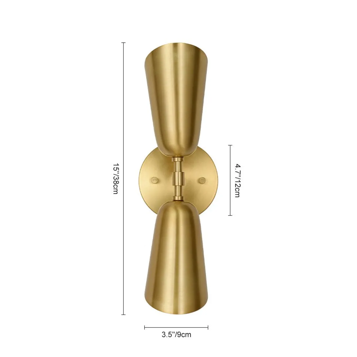 Mid-Century Brushed Brass 2-Light Up Down Dual Cone Wall Lamp