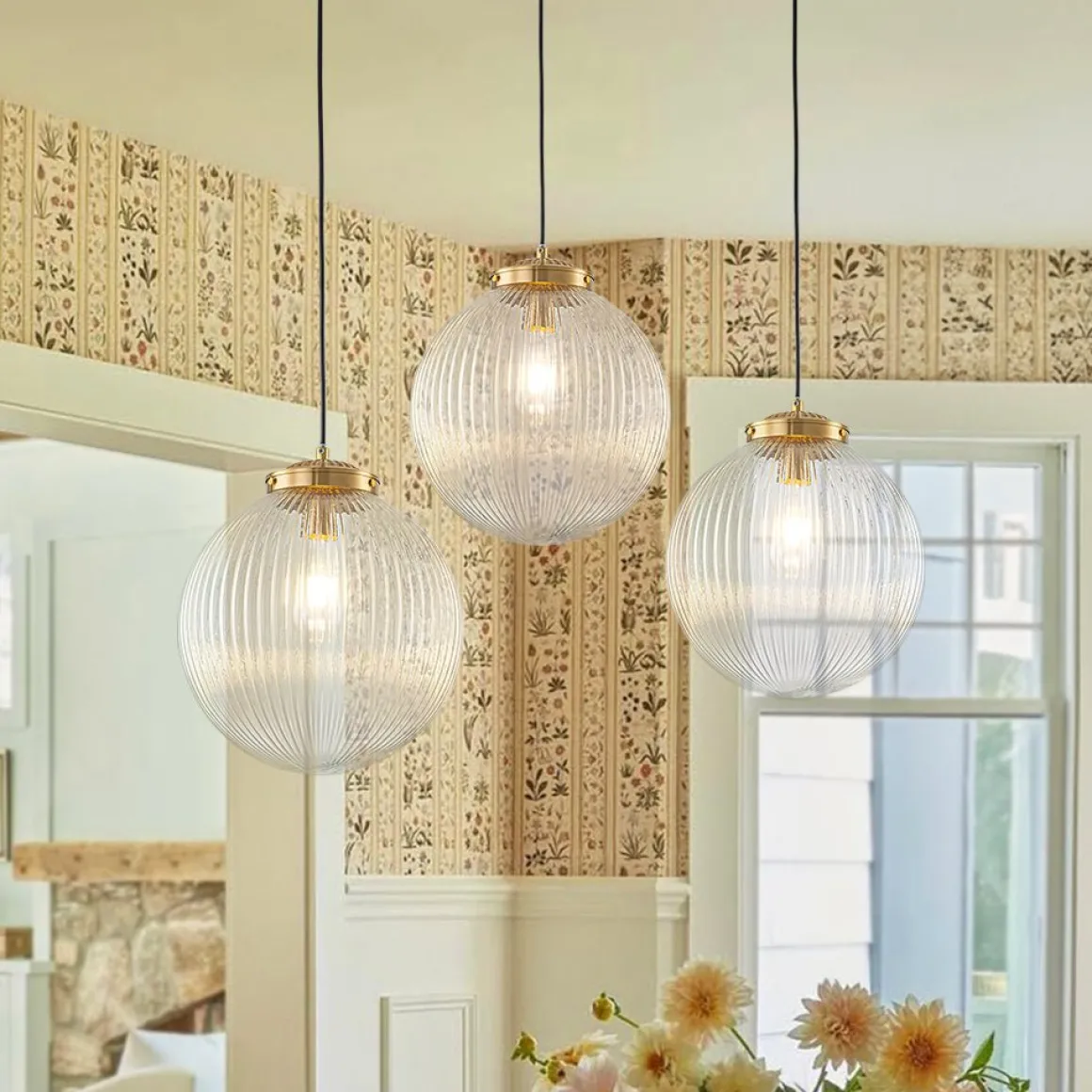 Mid-Century 1-Light Clear Ribbed Glass Globe Pendant