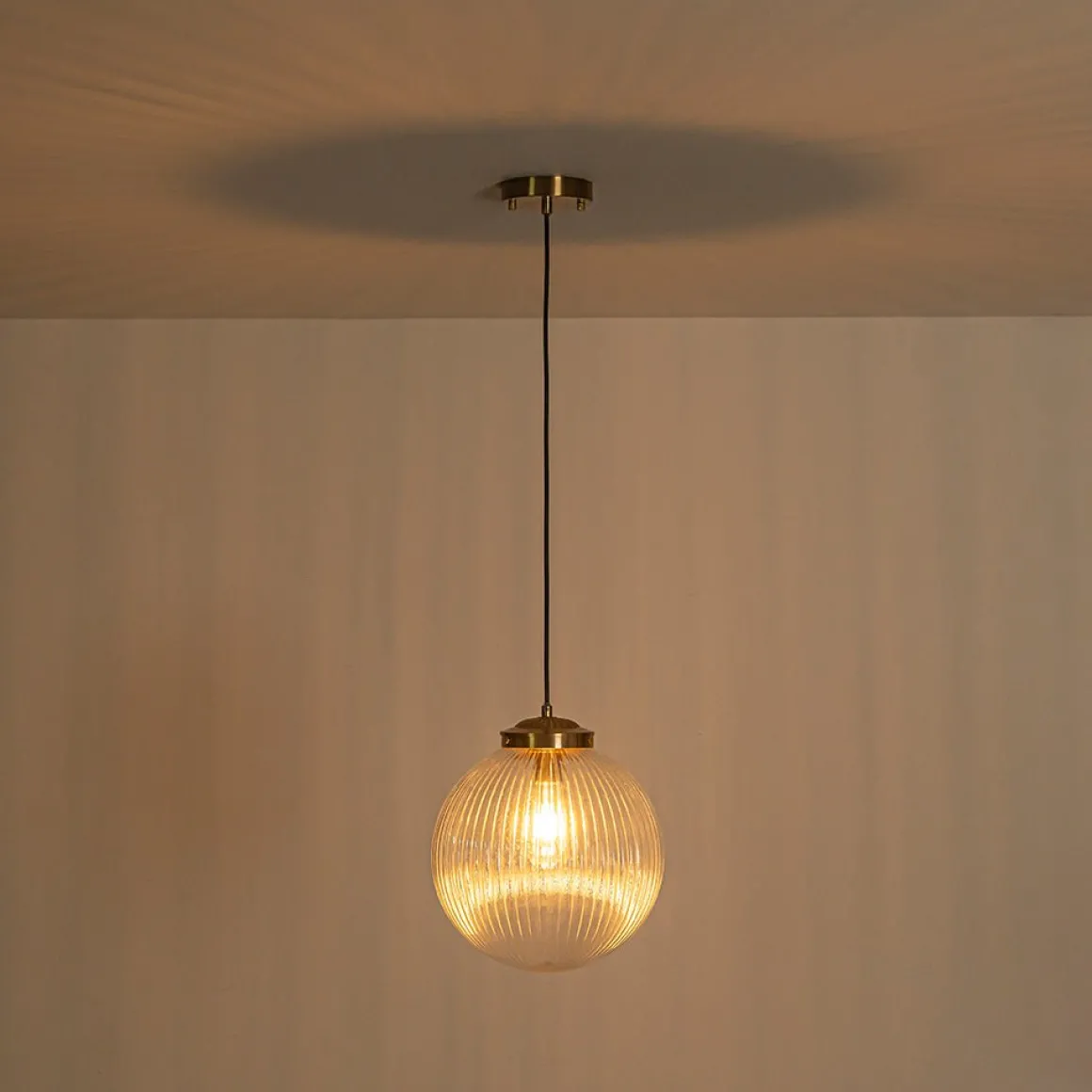 Mid-Century 1-Light Clear Ribbed Glass Globe Pendant