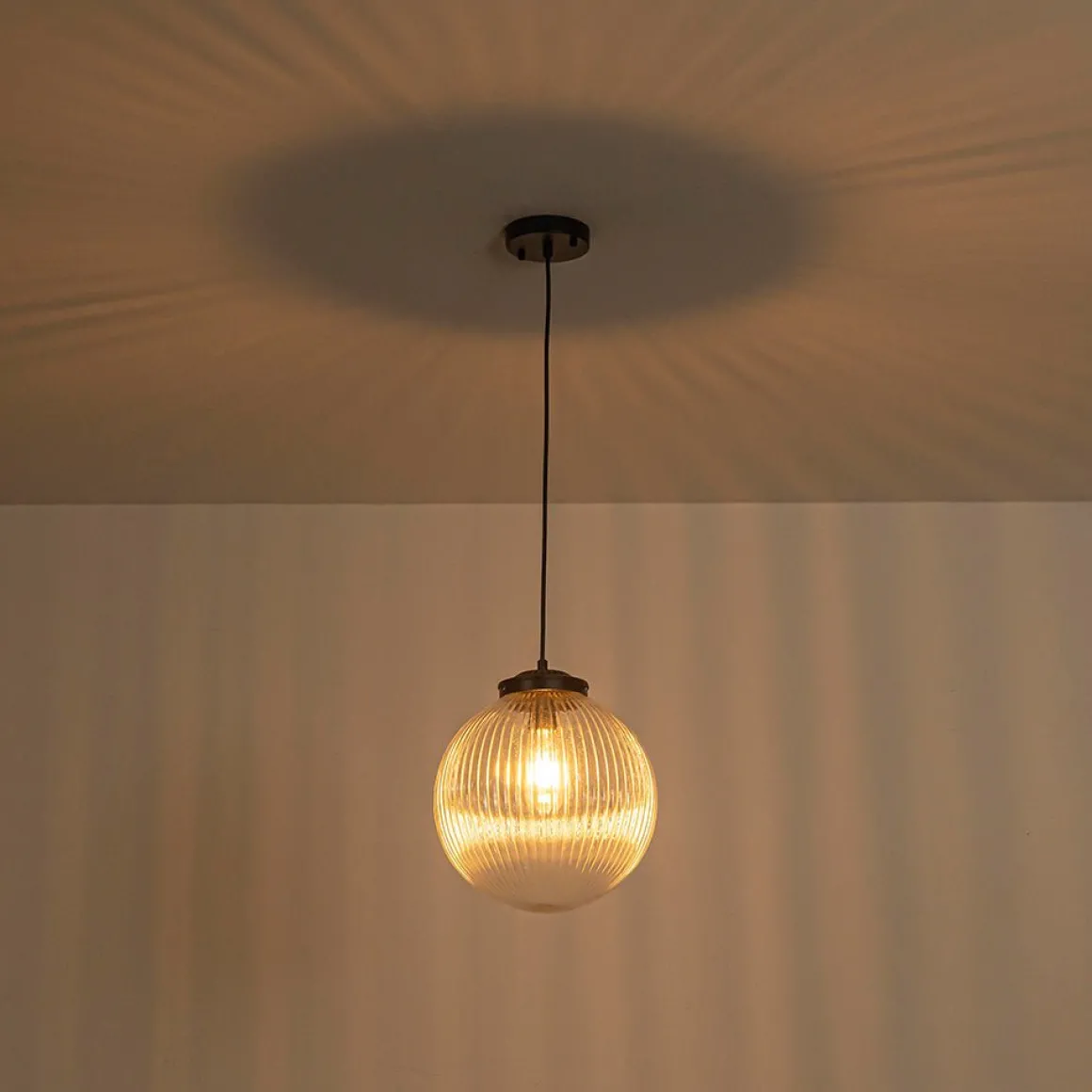 Mid-Century 1-Light Clear Ribbed Glass Globe Pendant