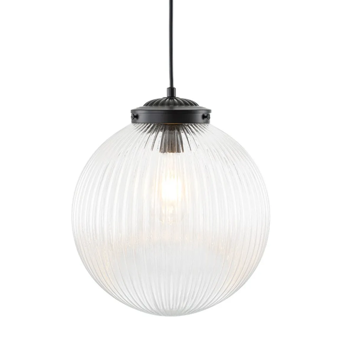 Mid-Century 1-Light Clear Ribbed Glass Globe Pendant