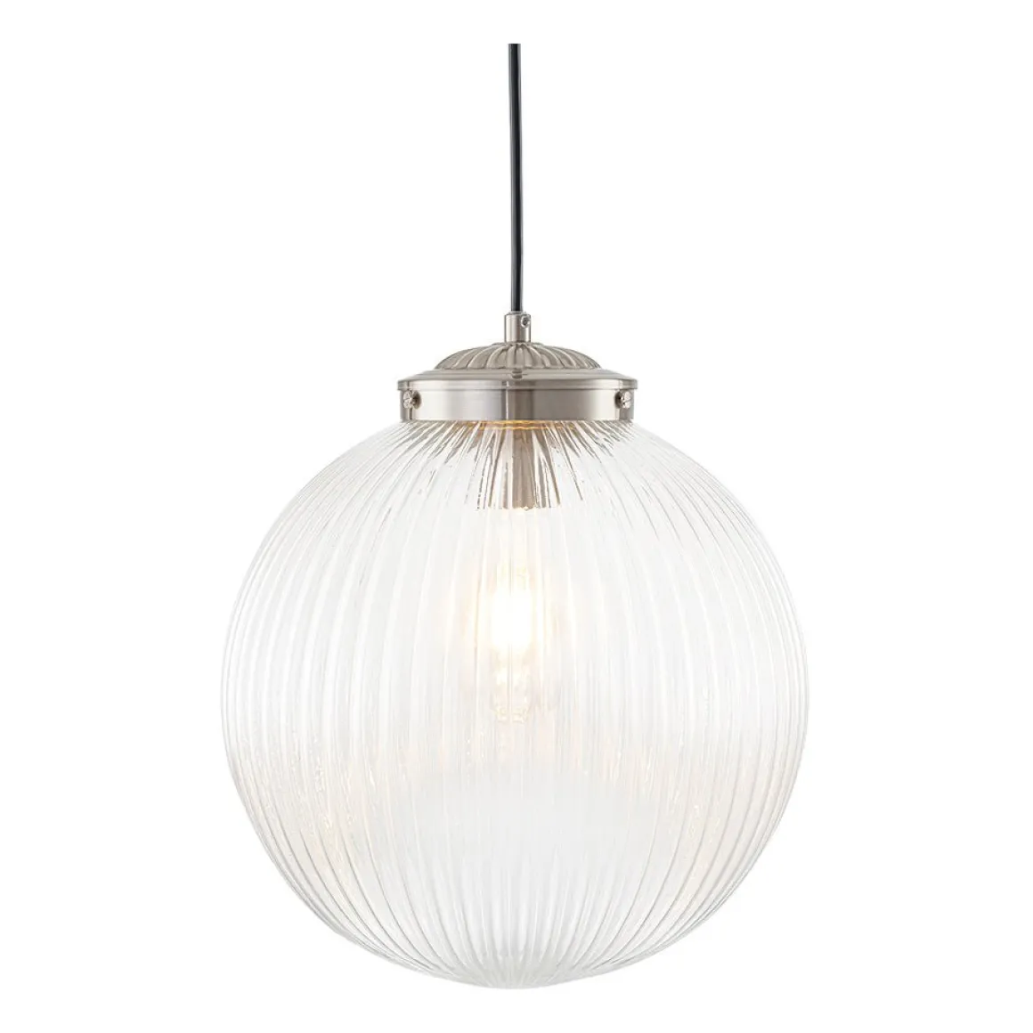 Mid-Century 1-Light Clear Ribbed Glass Globe Pendant