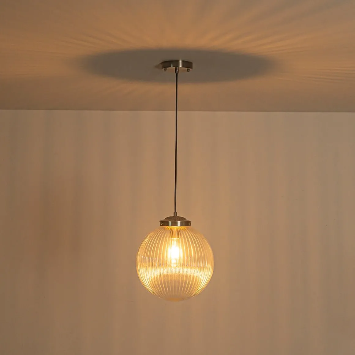 Mid-Century 1-Light Clear Ribbed Glass Globe Pendant