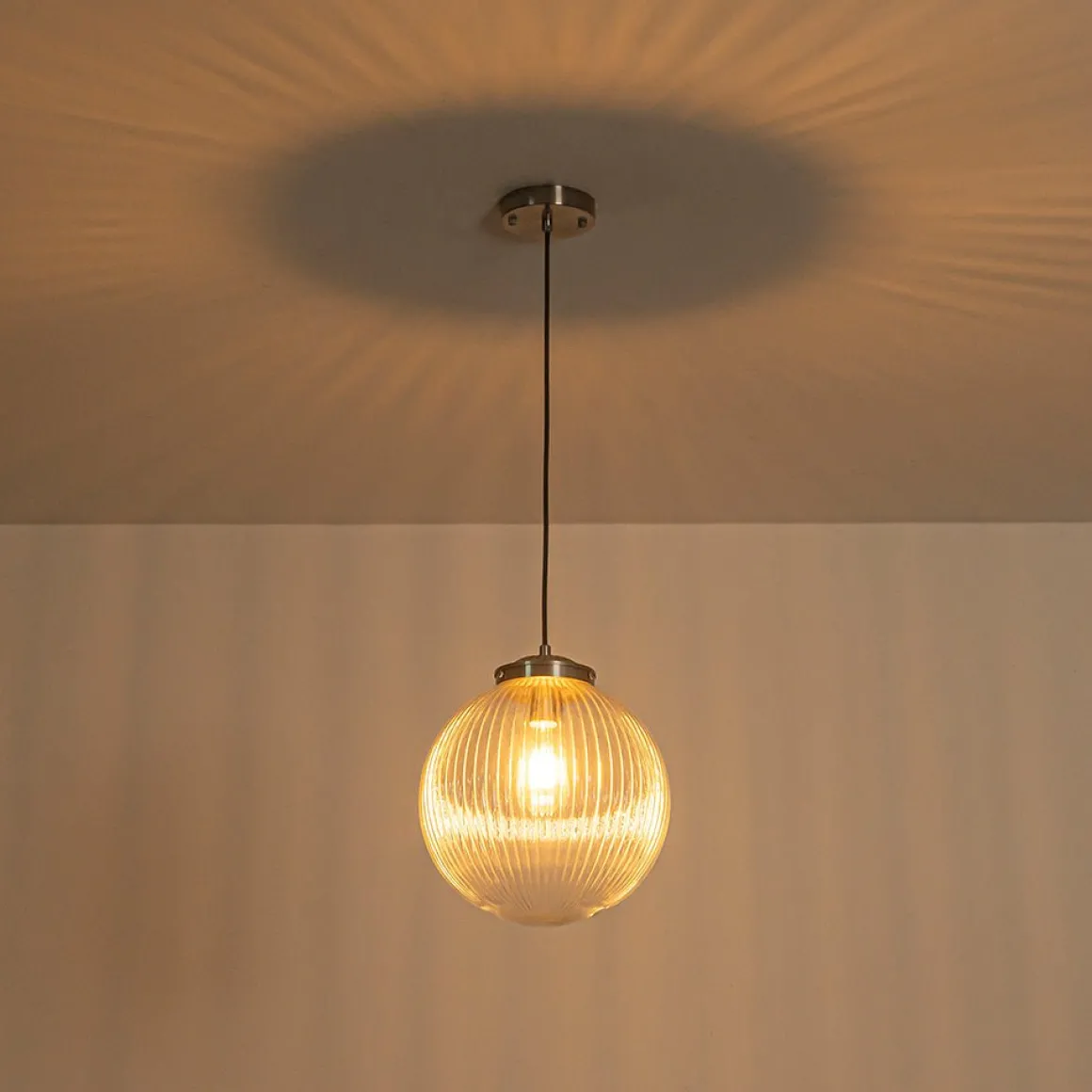 Mid-Century 1-Light Clear Ribbed Glass Globe Pendant