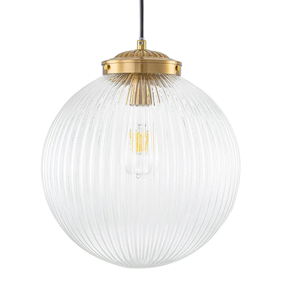 Mid-Century 1-Light Clear Ribbed Glass Globe Pendant
