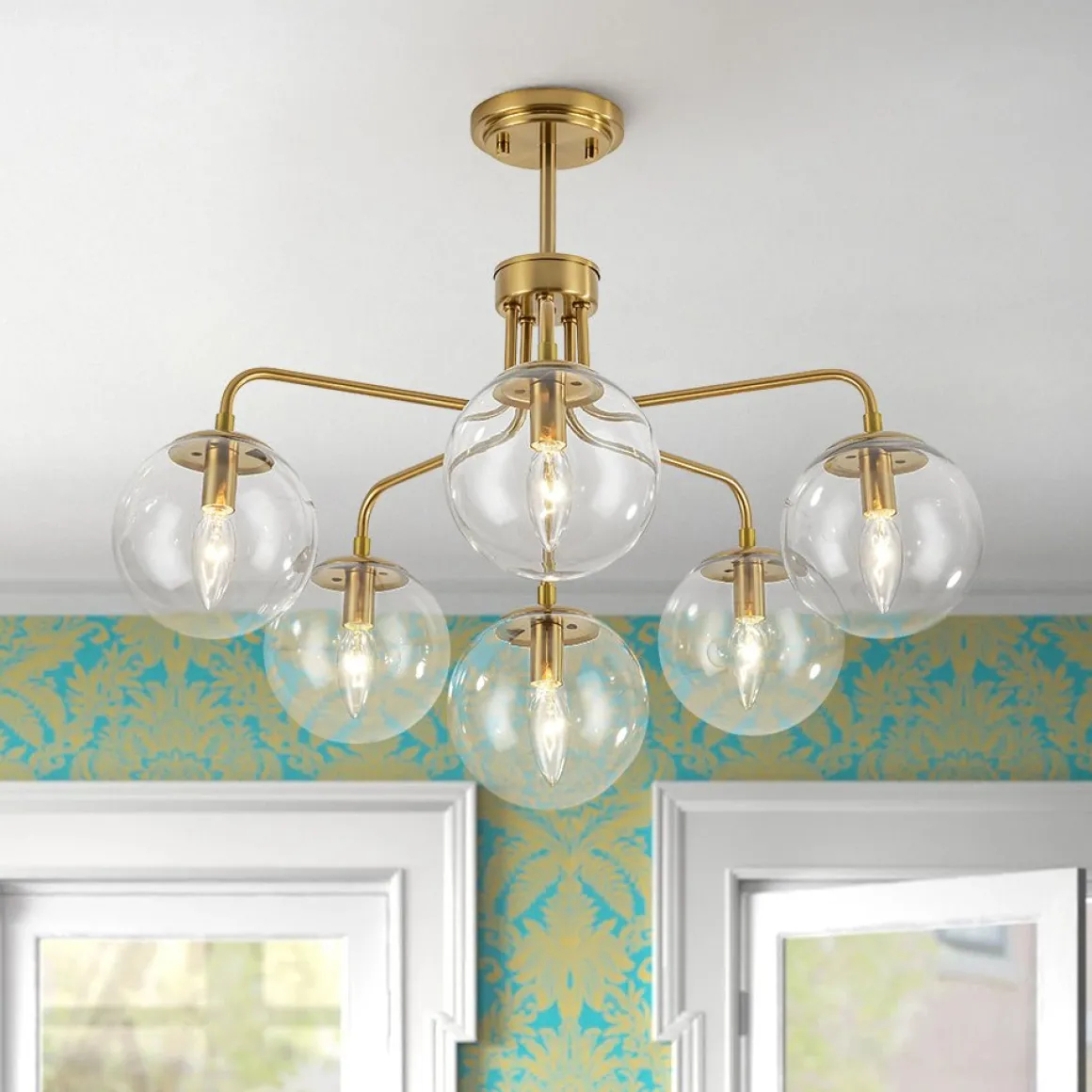 Mid-Century 6-Light Glass Bubble Sputnik Semi Flush Chandelier