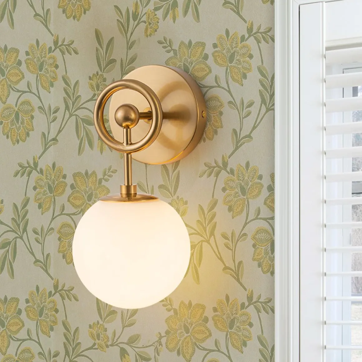 Mid-Century 1-Light Opal Glass Globe Armed Vanity Wall Sconce