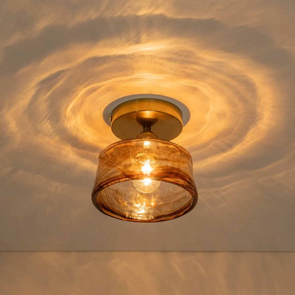 Mini 1-Light Amber Swirl Glass Shade Semi Flush Mount