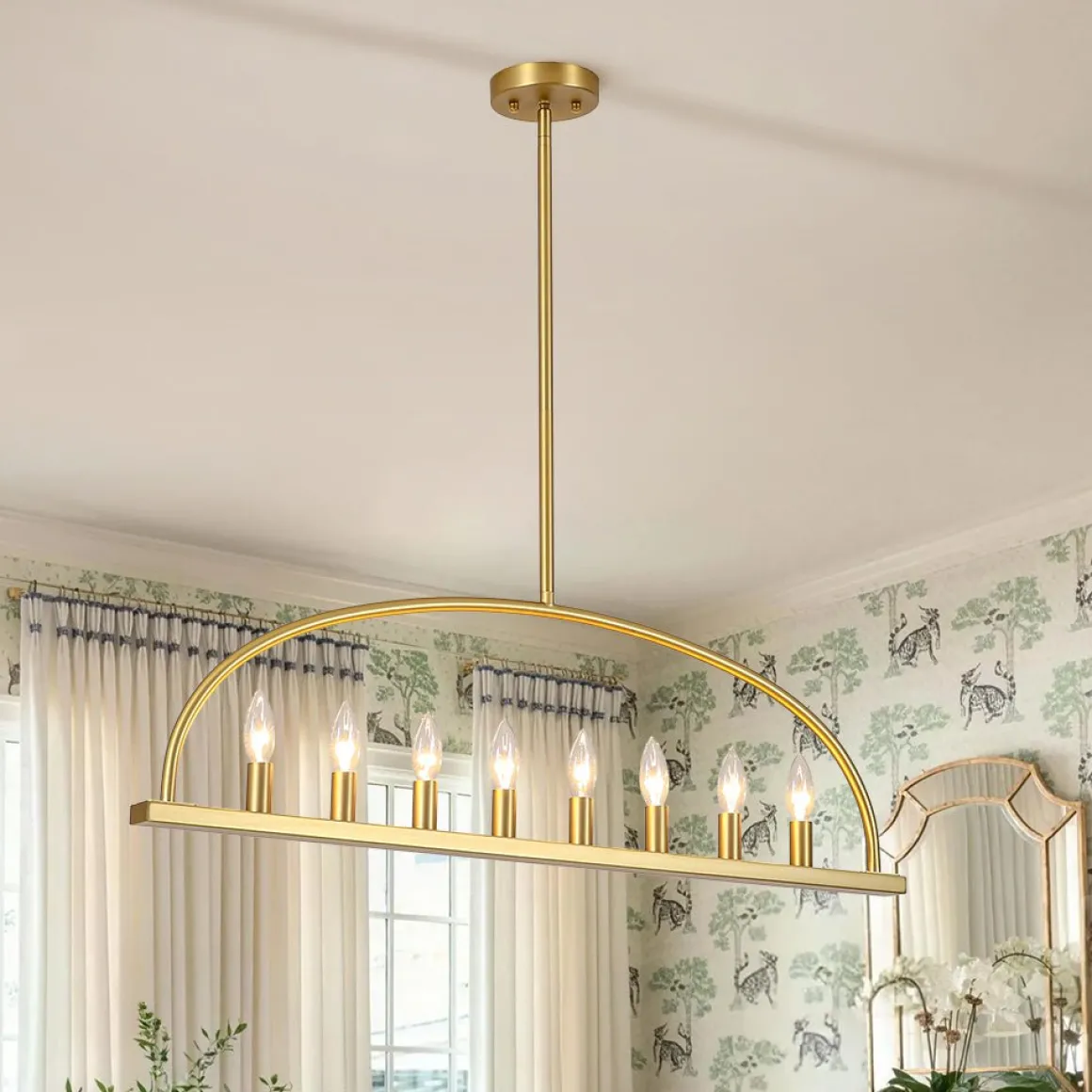 Minimalist 8-Light Brass Candle Style Linear Island Chandelier