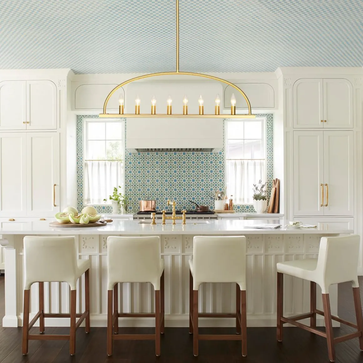 Minimalist 8-Light Brass Candle Style Linear Island Chandelier