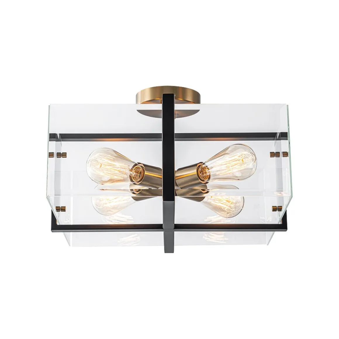 Modern Black Brass Clear Glass Square Cage Semi Flush Mount
