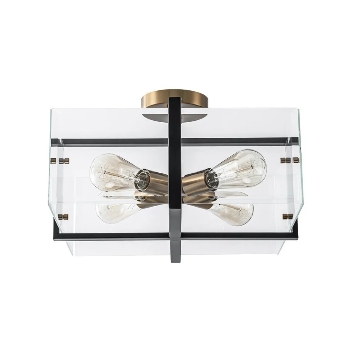 Modern Black Brass Clear Glass Square Cage Semi Flush Mount