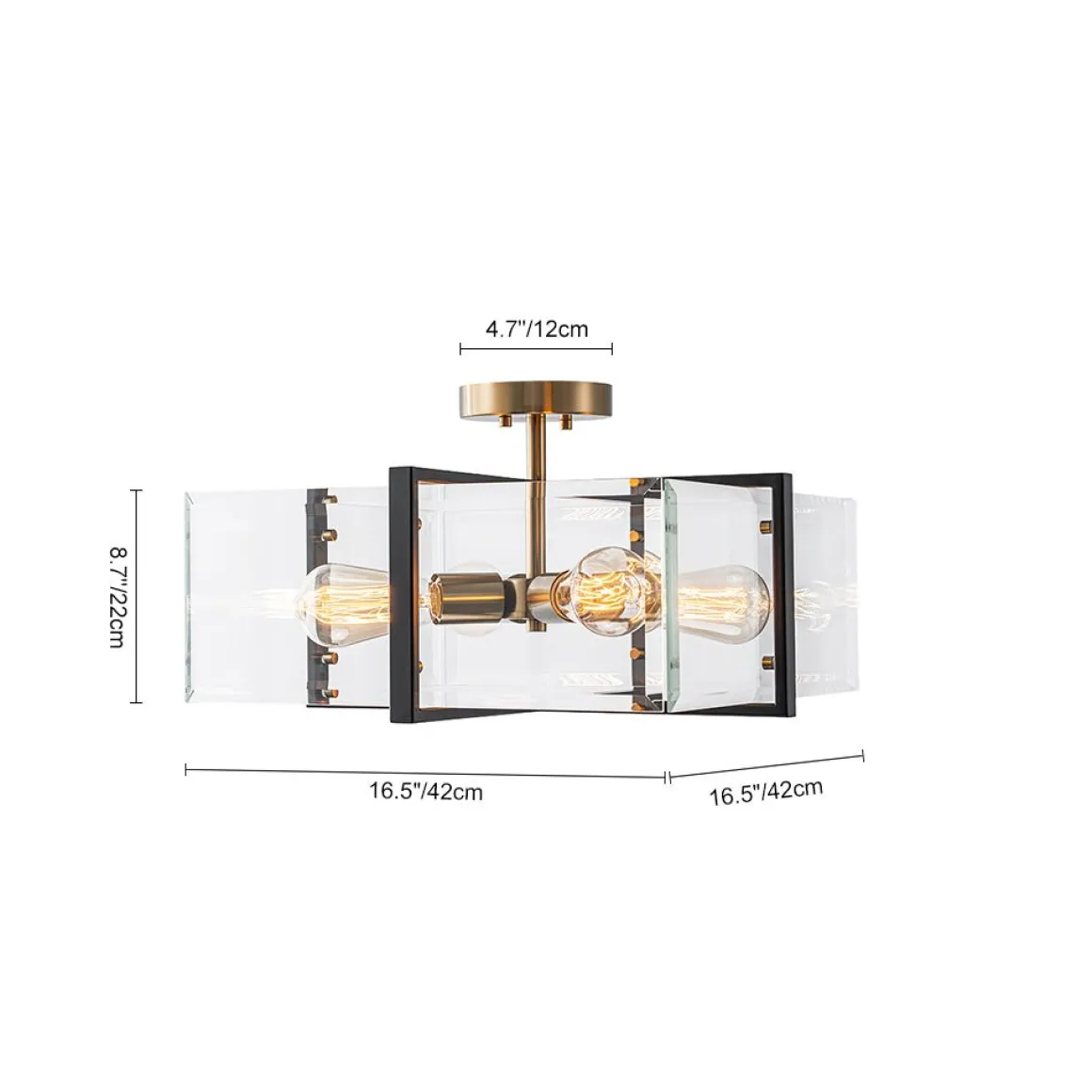 Modern Black Brass Clear Glass Square Cage Semi Flush Mount