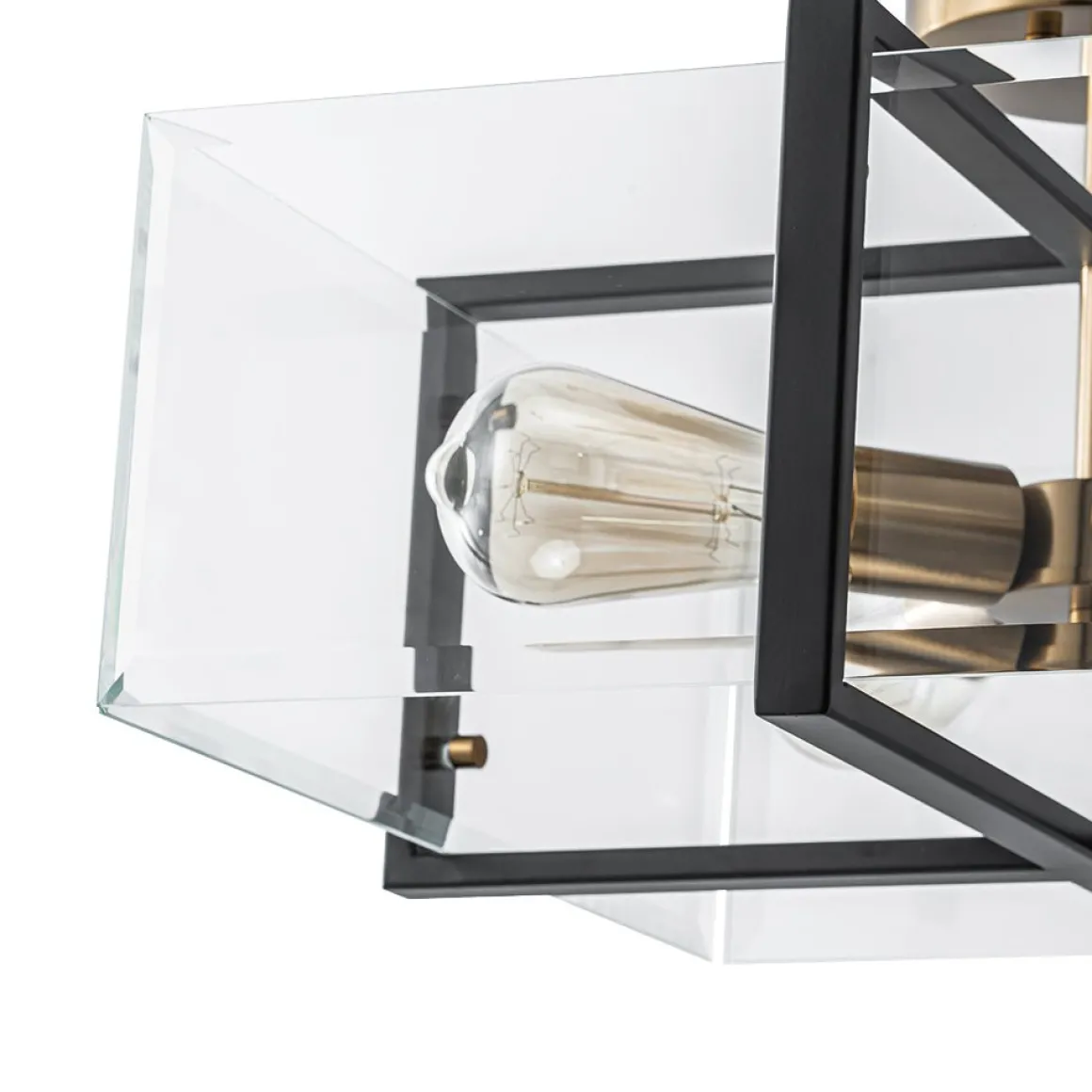 Modern Black Brass Clear Glass Square Cage Semi Flush Mount