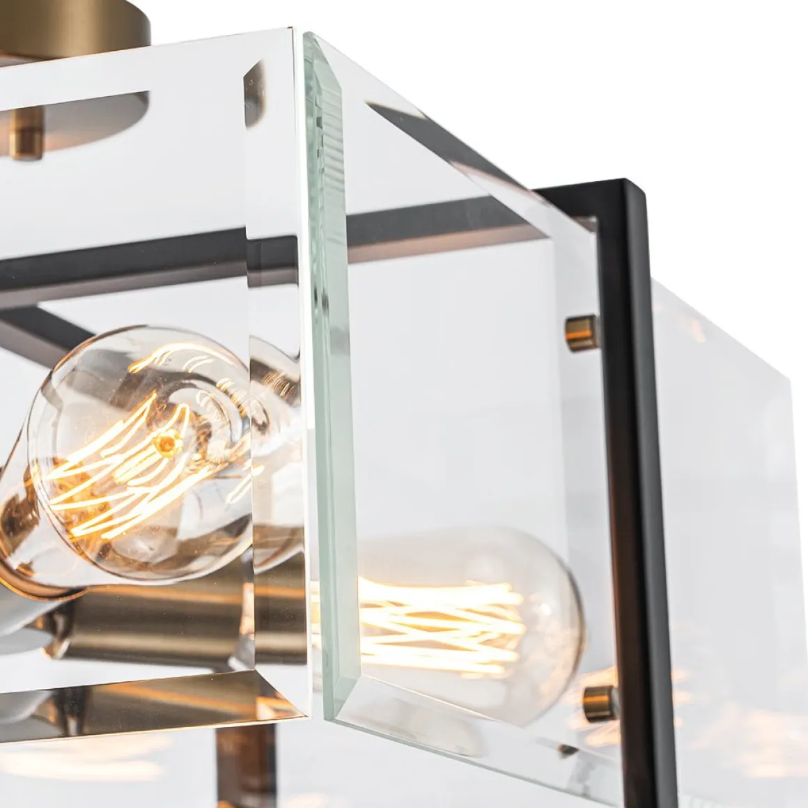 Modern Black Brass Clear Glass Square Cage Semi Flush Mount