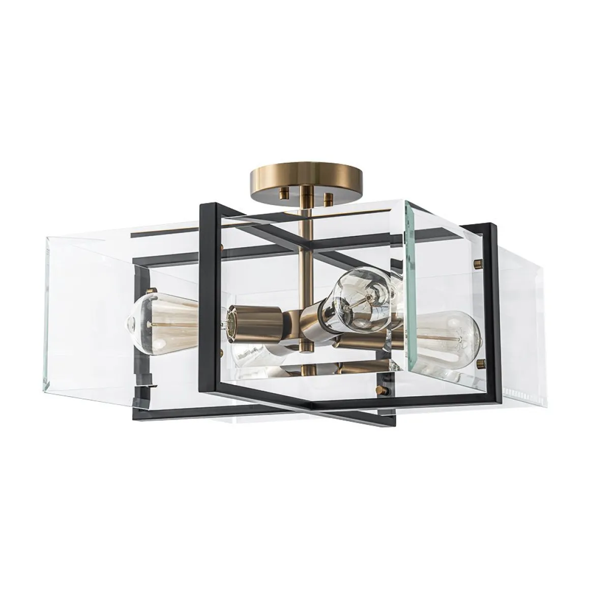 Modern Black Brass Clear Glass Square Cage Semi Flush Mount