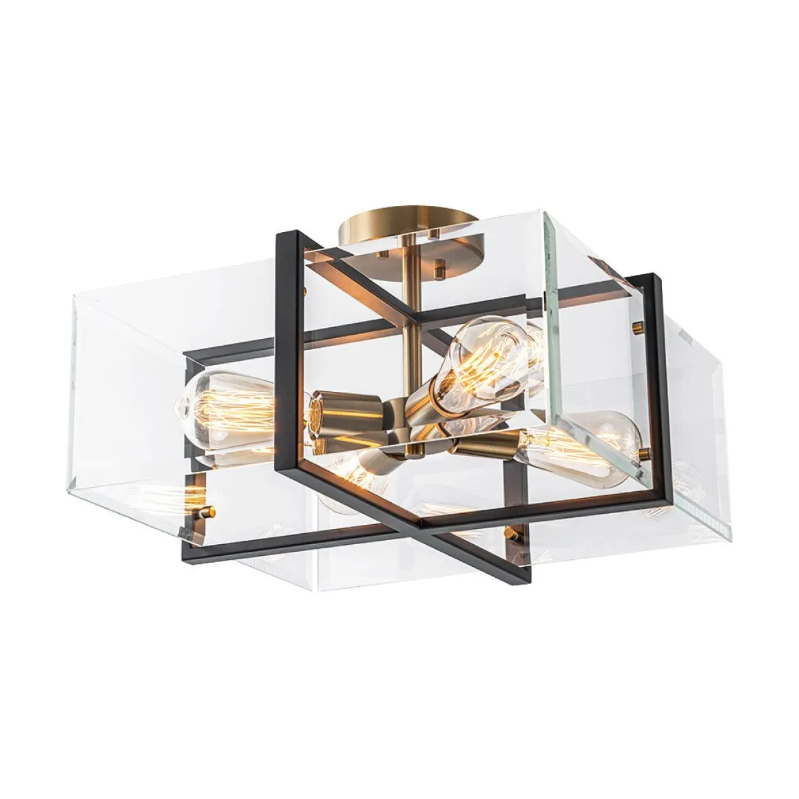 Modern Black Brass Clear Glass Square Cage Semi Flush Mount