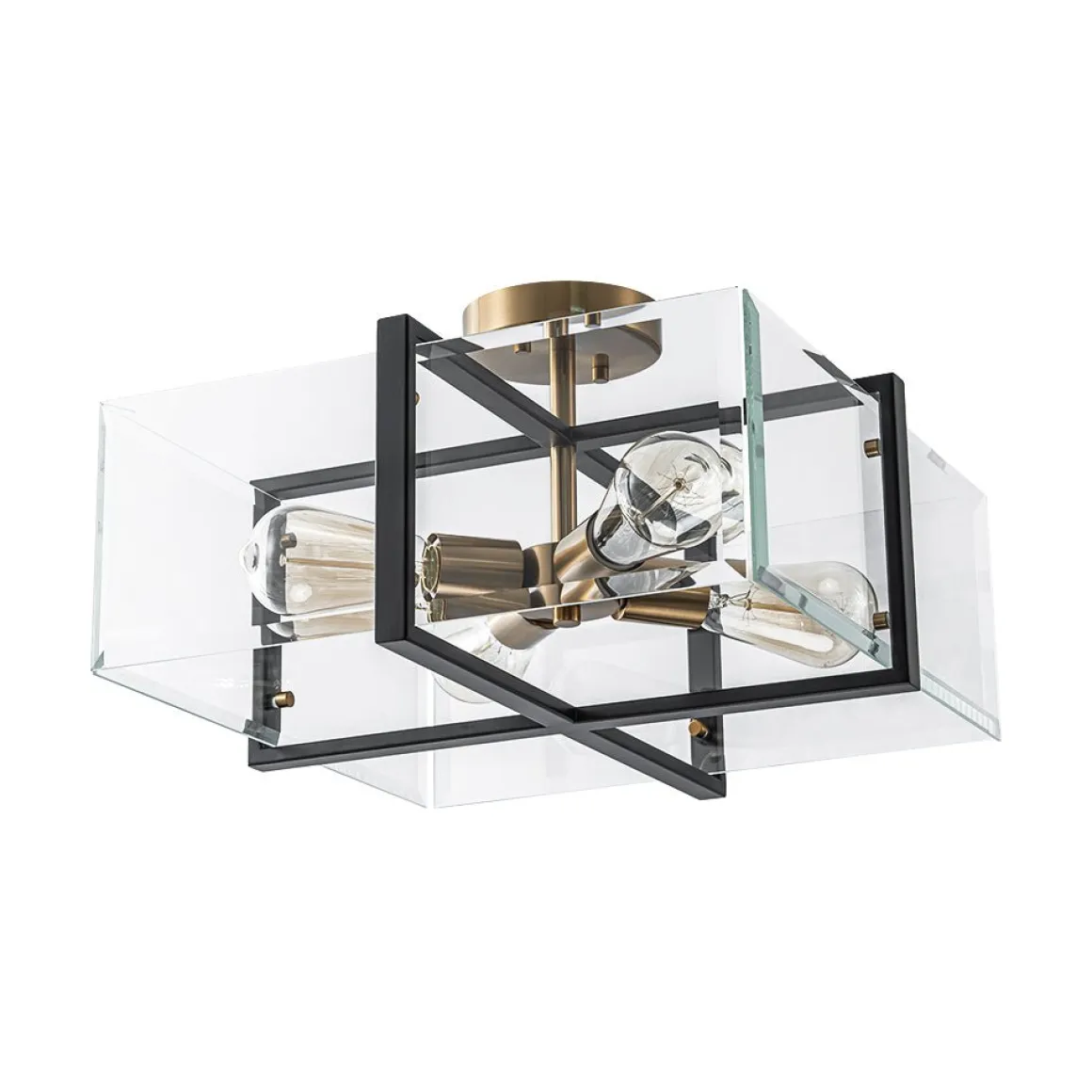 Modern Black Brass Clear Glass Square Cage Semi Flush Mount