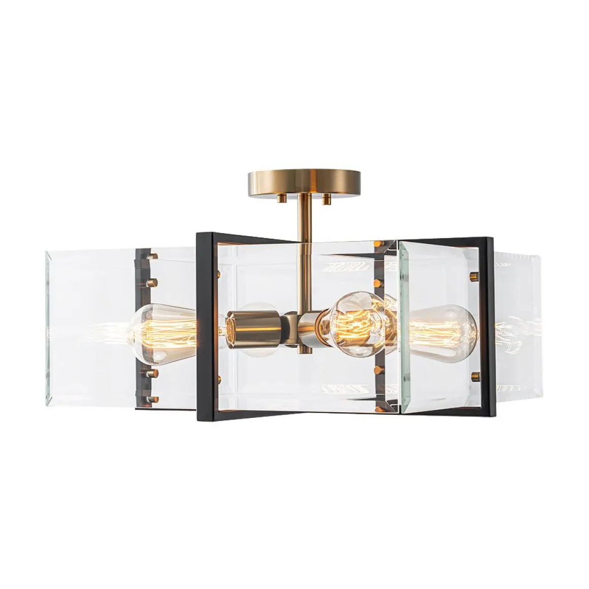 Modern Black Brass Clear Glass Square Cage Semi Flush Mount