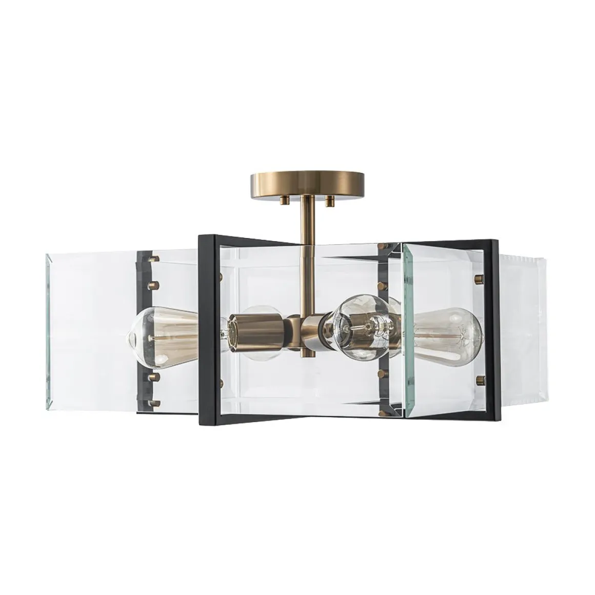 Modern Black Brass Clear Glass Square Cage Semi Flush Mount