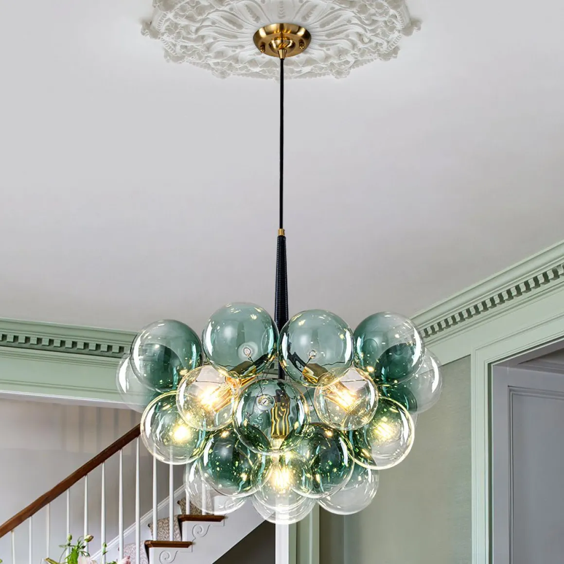 Modern Cluster Gradient Green Glass Globe Bubble Chandelier