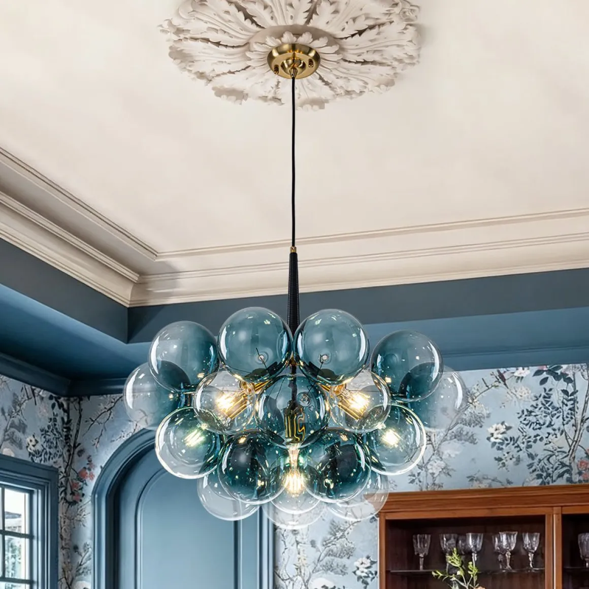Modern Cluster Gradual Blue Glass Globe Bubble Chandelier