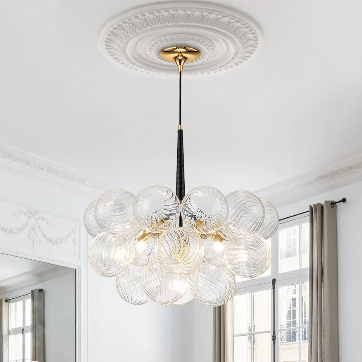 Modern Cluster Ribbed Glass Globe Bubble Chandelier