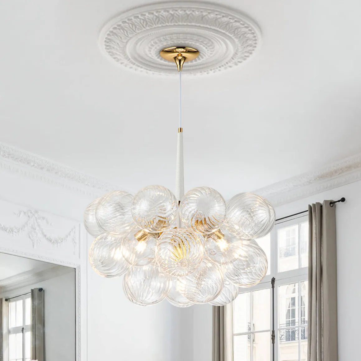 Modern Cluster Ribbed Glass Globe Bubble Chandelier