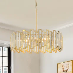 Modern Glam Brass 6-Light Crystal Drum Cage Chandelier