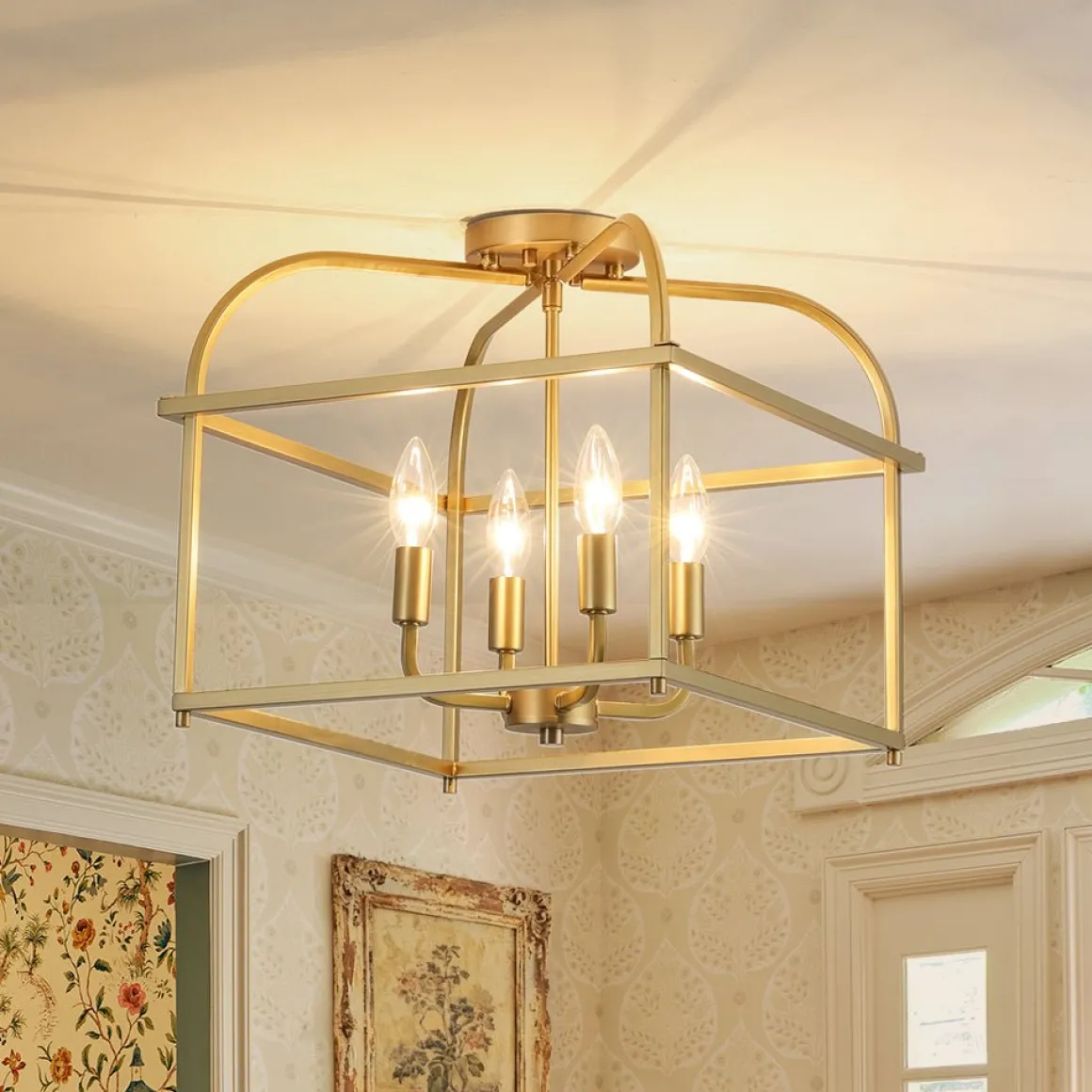 Modern 4-Light Candle Style Square Cage Semi Flush Mount