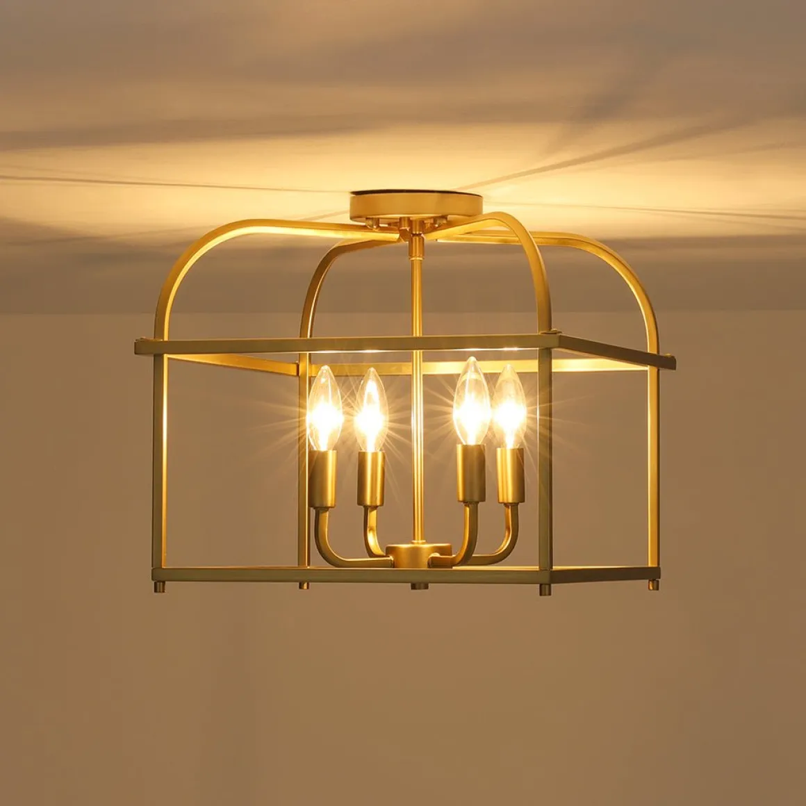 Modern 4-Light Candle Style Square Cage Semi Flush Mount