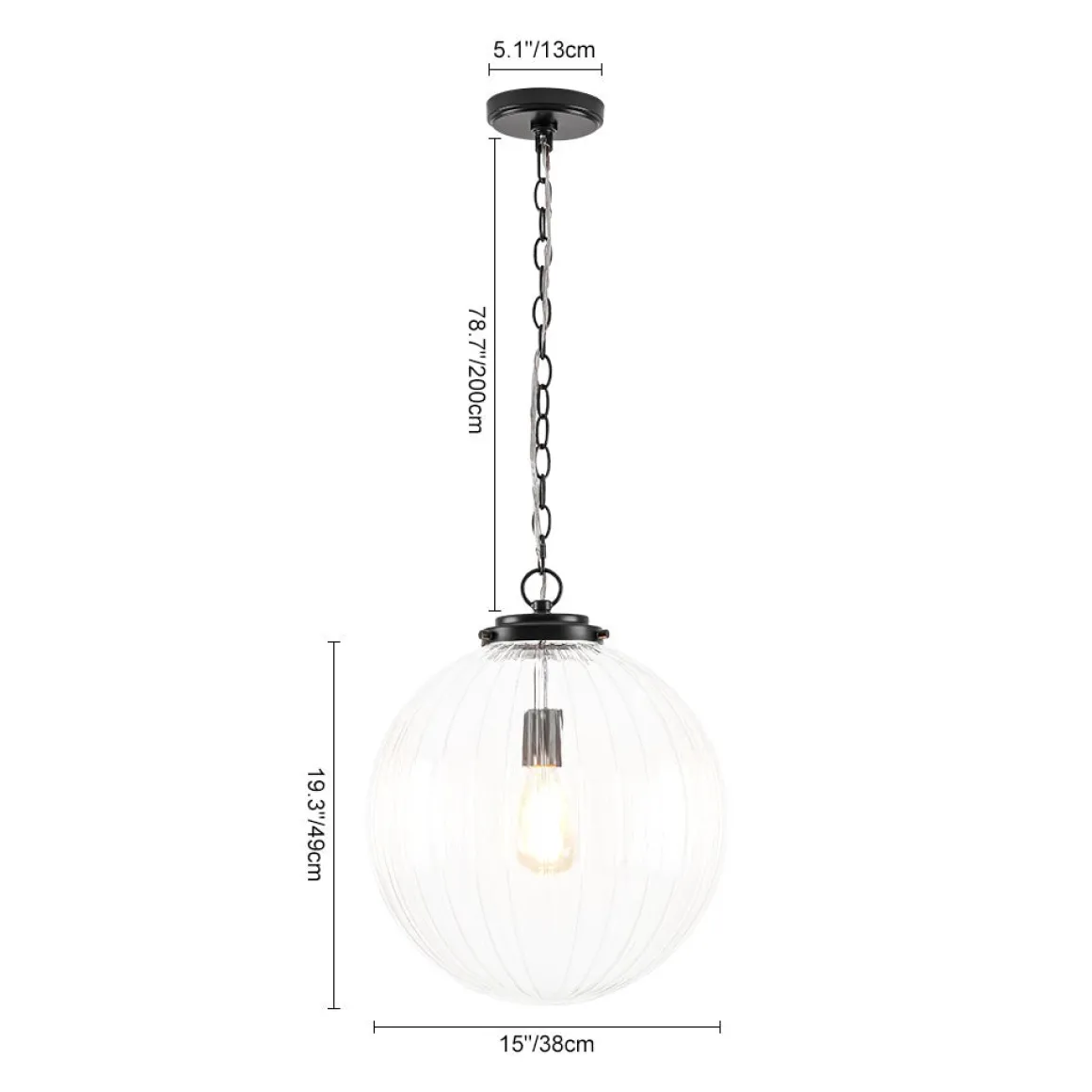 Modern 1-Light Clear Ribbed Glass Globe Pendant