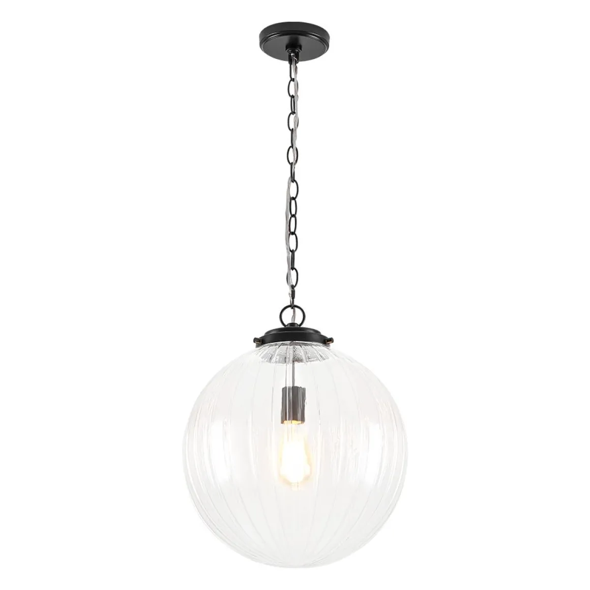 Modern 1-Light Clear Ribbed Glass Globe Pendant