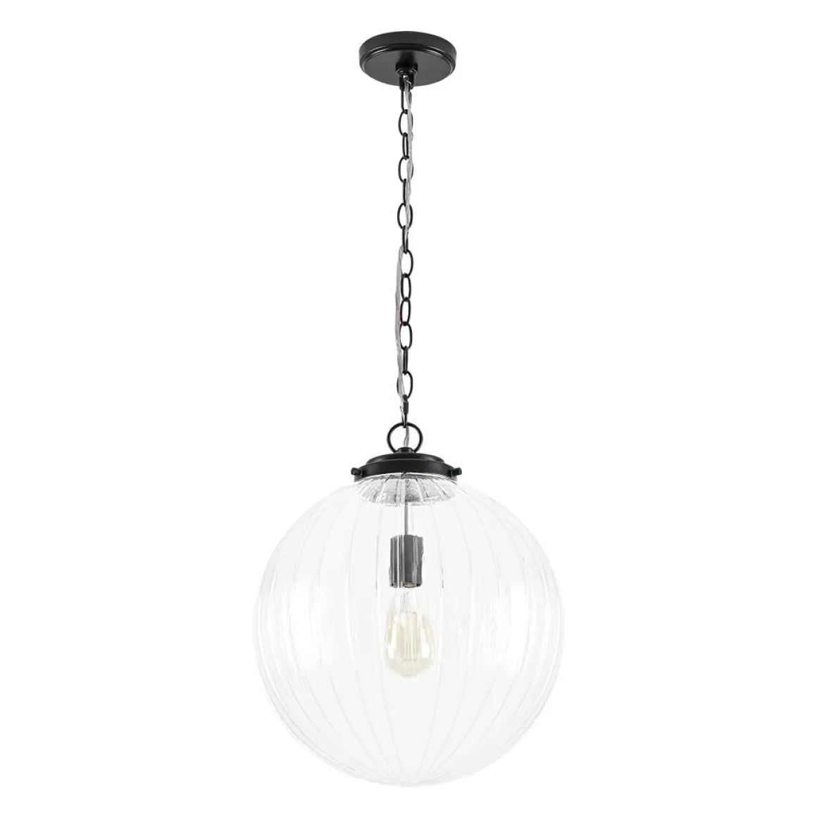 Modern 1-Light Clear Ribbed Glass Globe Pendant