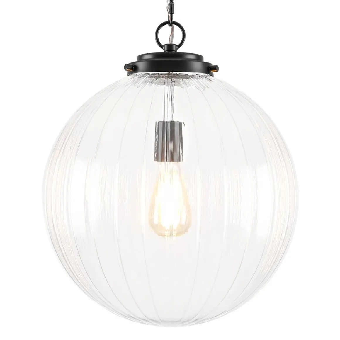 Modern 1-Light Clear Ribbed Glass Globe Pendant