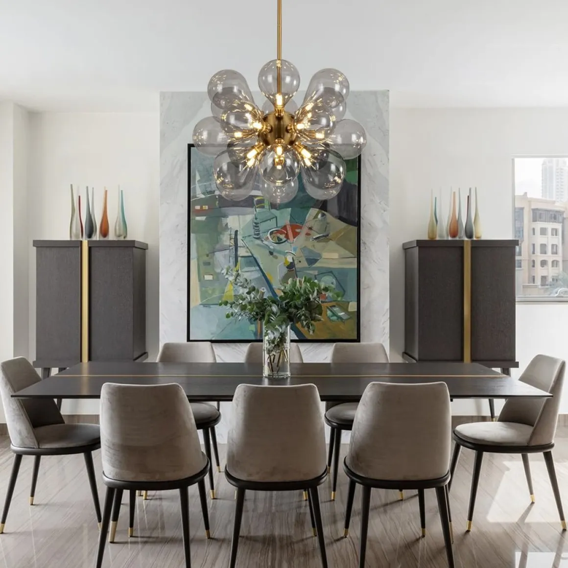 Modern 18-Light Cluster Gray Glass Bubble Chandelier