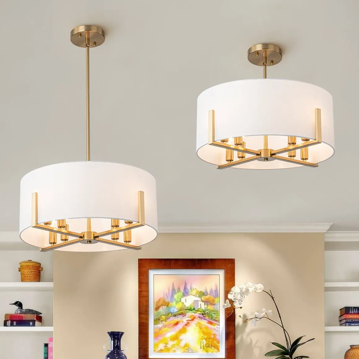 Modern 8-Light Wide Drum Fabric Cage Chandelier