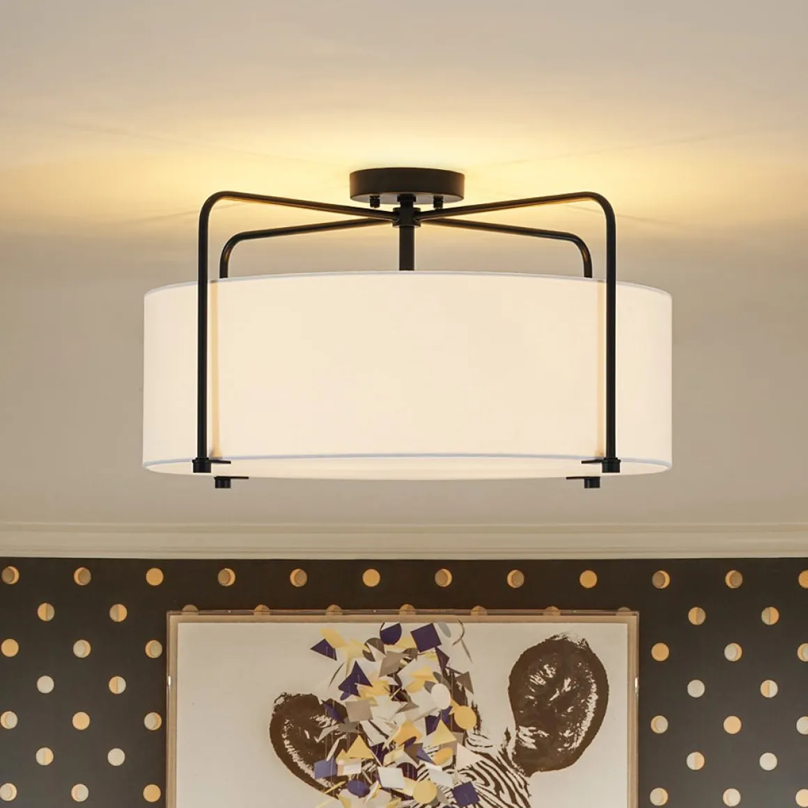 Modern Round White Fabric Drum Cage Semi Flush Mount