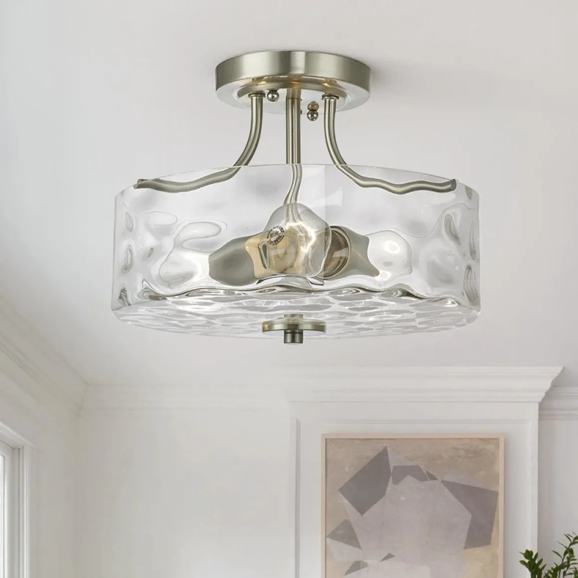 Nickel Hammered Glass Semi Flush