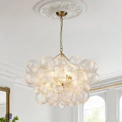 (OpenBox) Brass Cluster Ribbed Glass Globe Bubble Chandelier