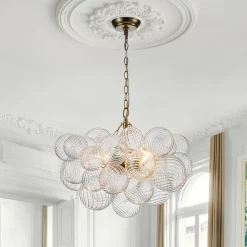 (OpenBox) Brass Cluster Ribbed Glass Globe Bubble Chandelier