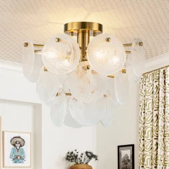 (OpenBox) Brass Tiered Opal Swirl Glass Semi Flush Chandelier