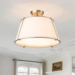 (OpenBox) Contemporary Wide Linen Drum Brass Semi Flush Mount