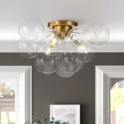 (OpenBox) 3-Light Brass Cluster Clear Glass Globe Bubble Ceiling Light