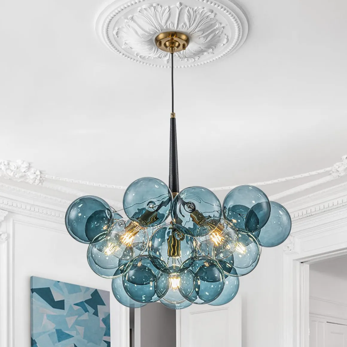 (OpenBox) Modern Cluster Blue Glass Globe Bubble Chandelier