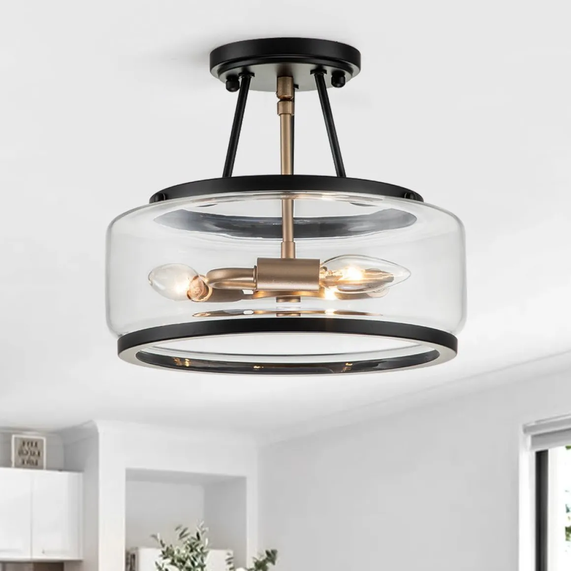 (OpenBox) Modern Farmhouse Drum Glass Semi Flush Mount