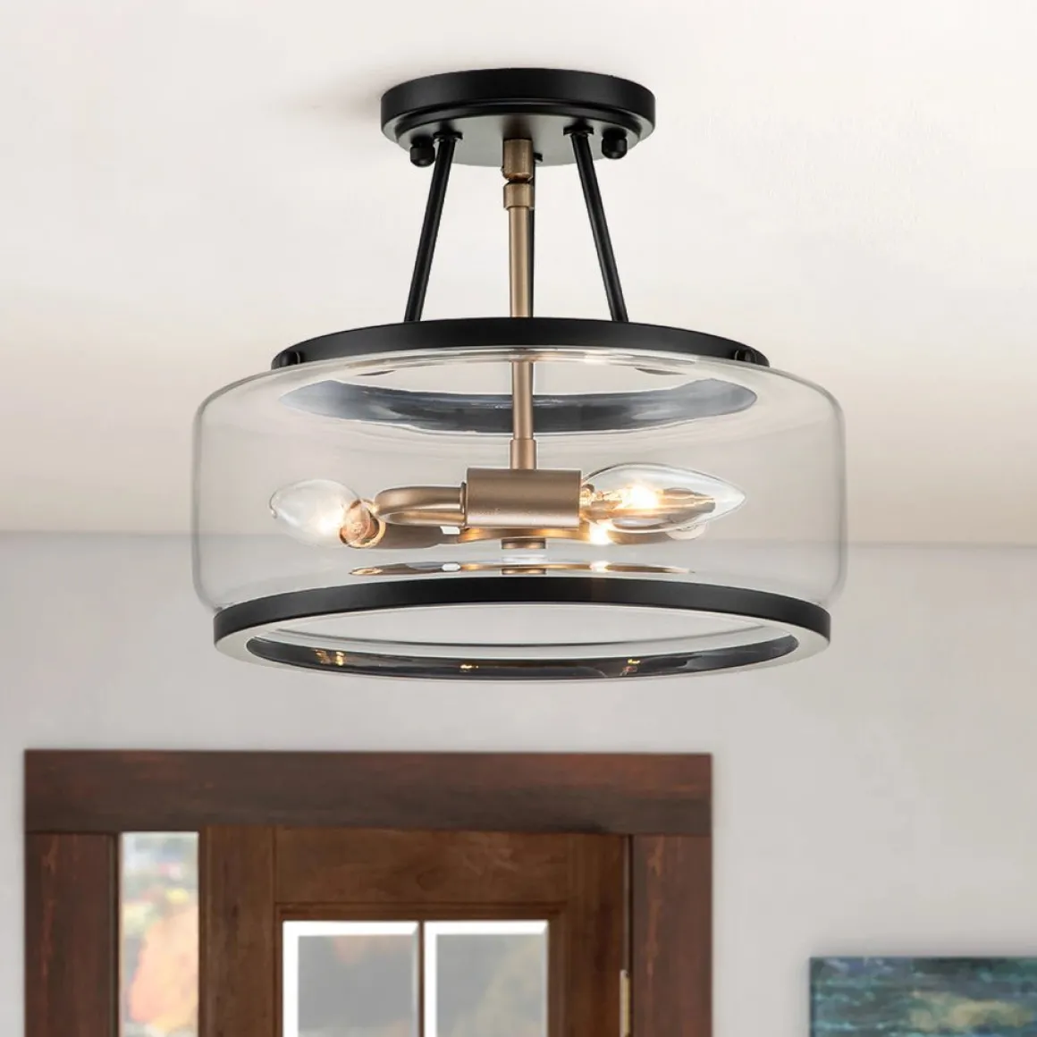 (OpenBox) Modern Farmhouse Drum Glass Semi Flush Mount