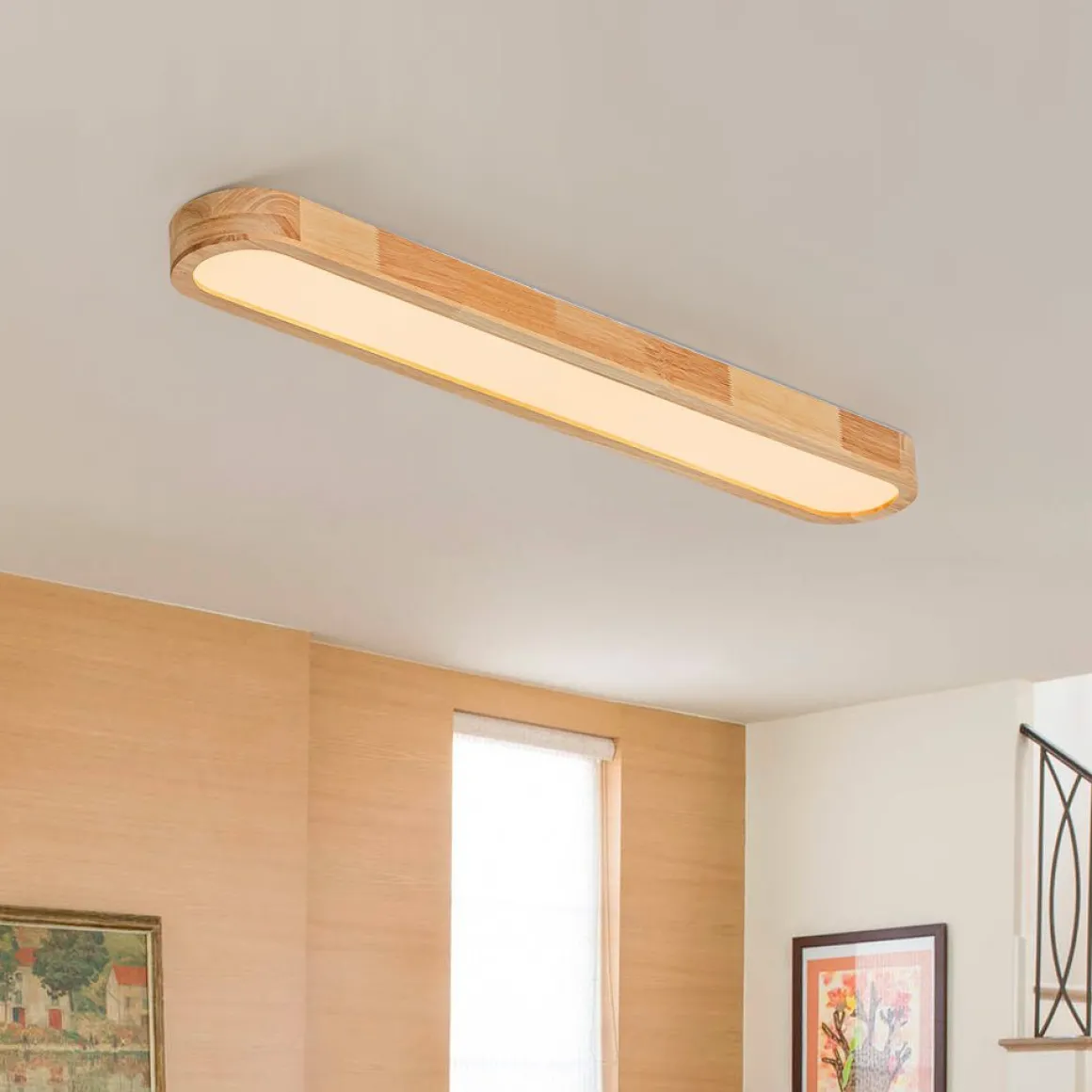 (OpenBox) Natural Wood Long Oval Dimmable LED Flush Mount